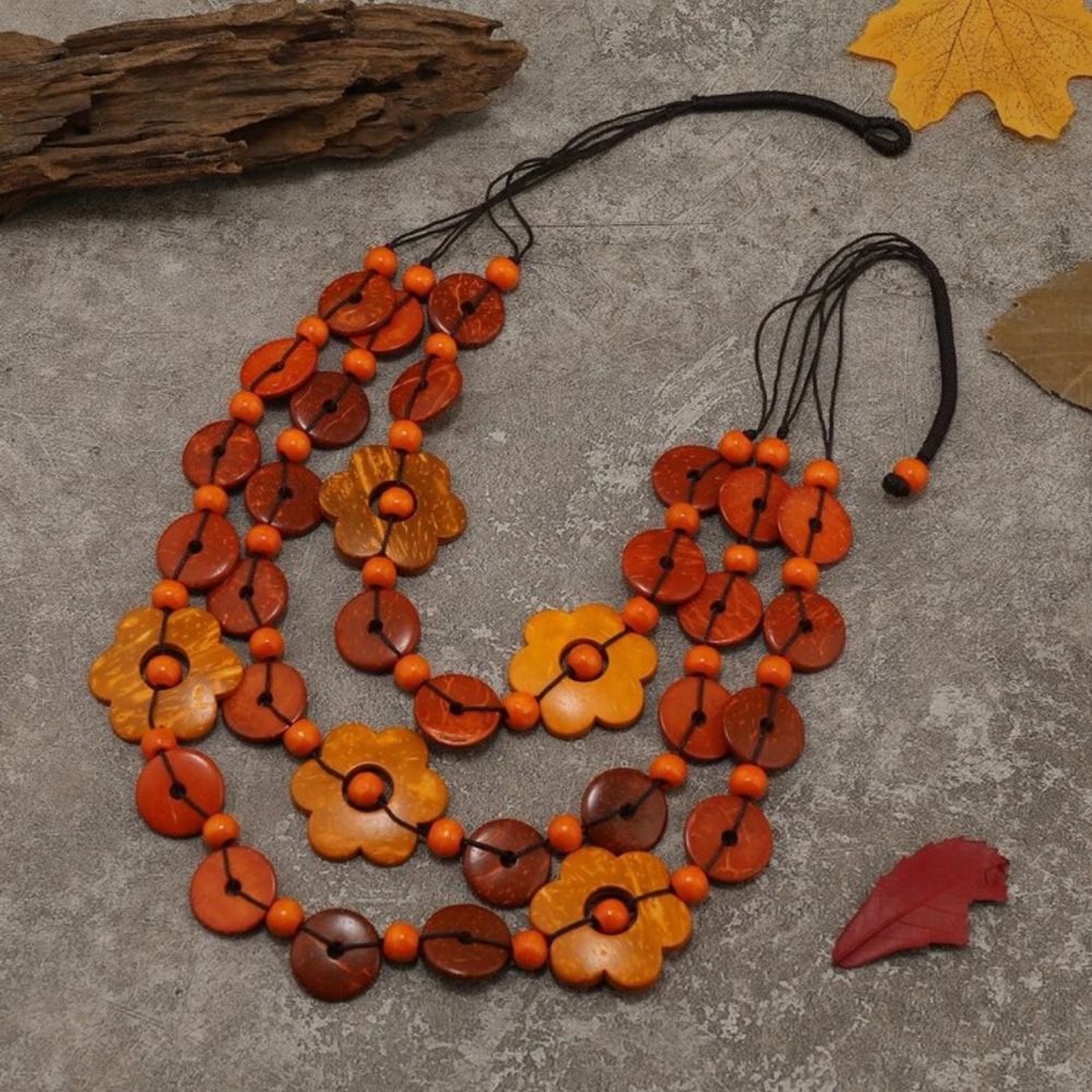 New Artisan Autumn Brown& Orange Wooden Bead Floral Decor Statement Necklace - Picture 3 of 9